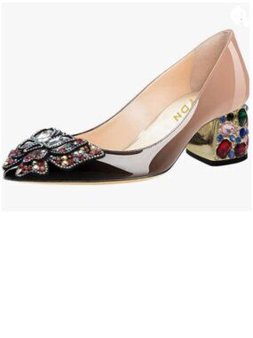 YDN Black Nude Pointed Toe Bow Pumps Rhinestone Block Low Heel Butterfly Shoes
